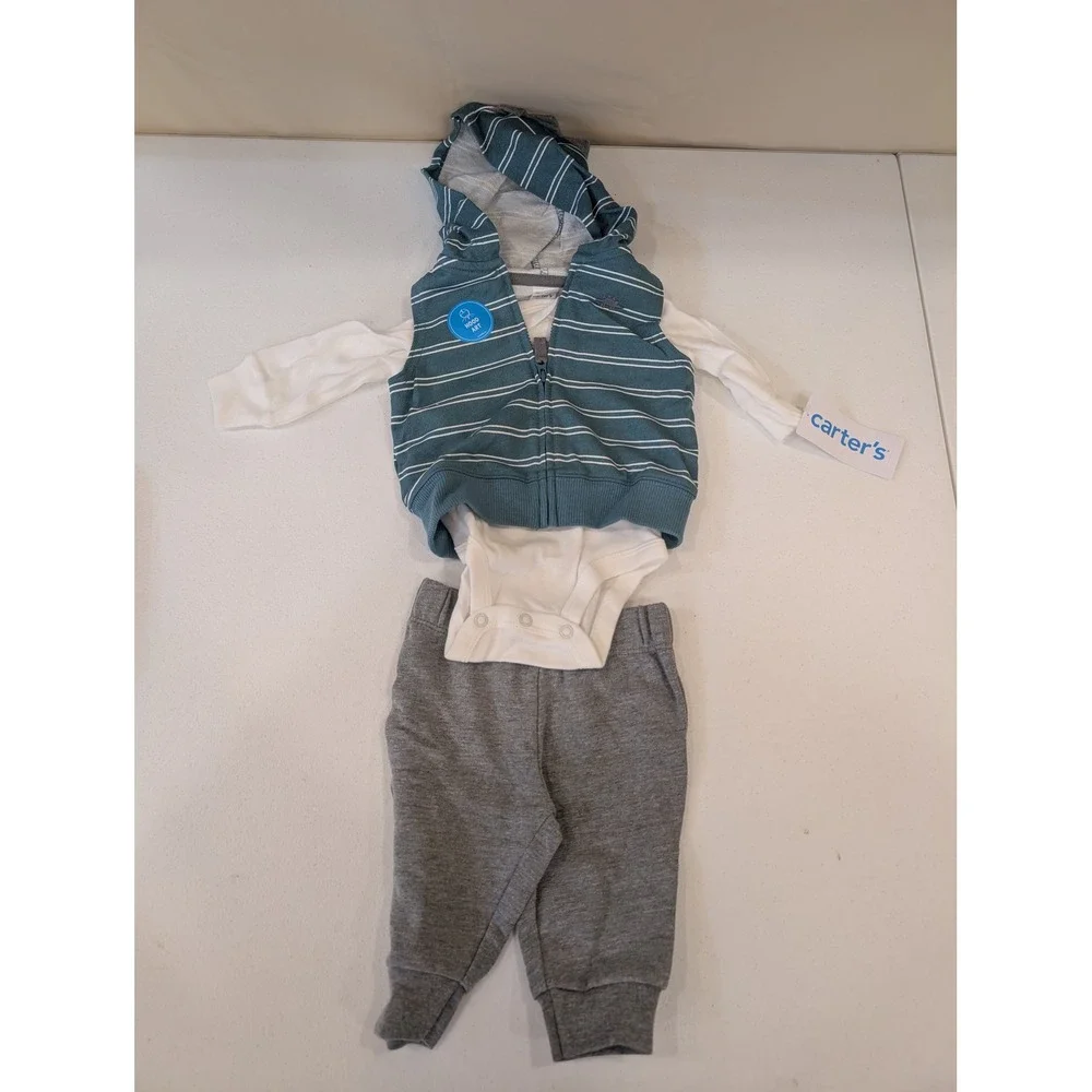 Carters Baby 3M 3-Piece Set Blue Striped Hoodie‎ Bodysuit Pants Outfit NWT